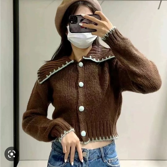 Zara Contrast Topstitching Knit Cardigan - Picture 1 of 16